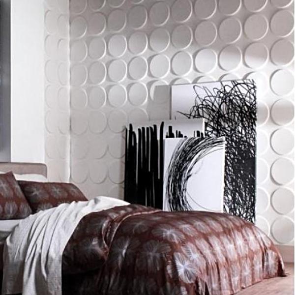 Interior bedroom showcasing the installation of Cirque 3D PVC wall panels behind the bed