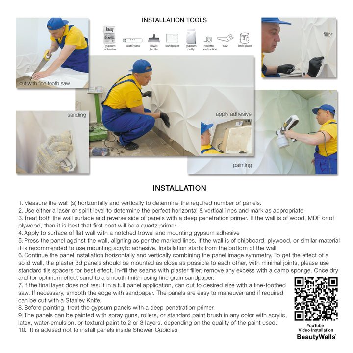 Promotional material for Bands 3D plaster wall panels showcasing features and installation process