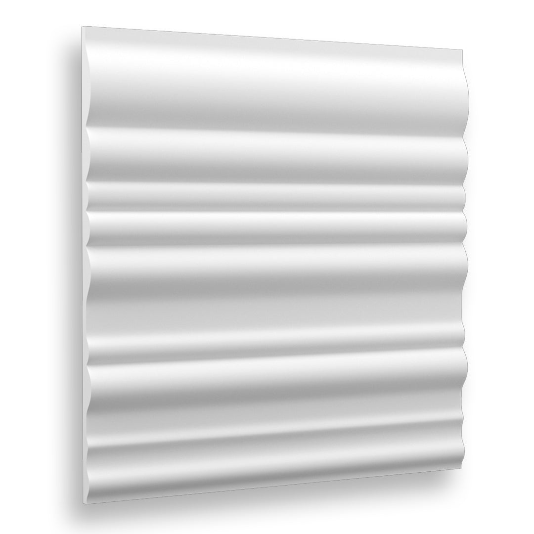 Close-up of the Bands 3D plaster wall panel with a textured wave pattern