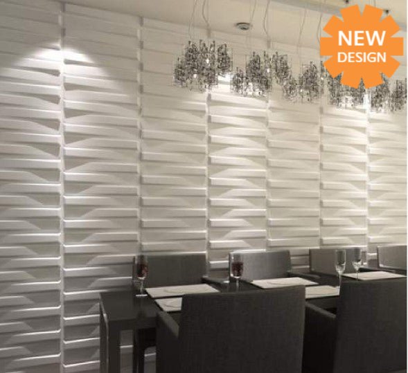 3D PVC wall panels with a bar design in a modern dining room setting