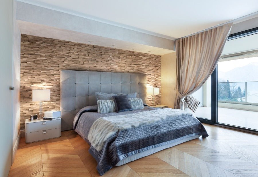 Hiller Oak Wood Wall Panels as a feature wall in a cozy bedroom design