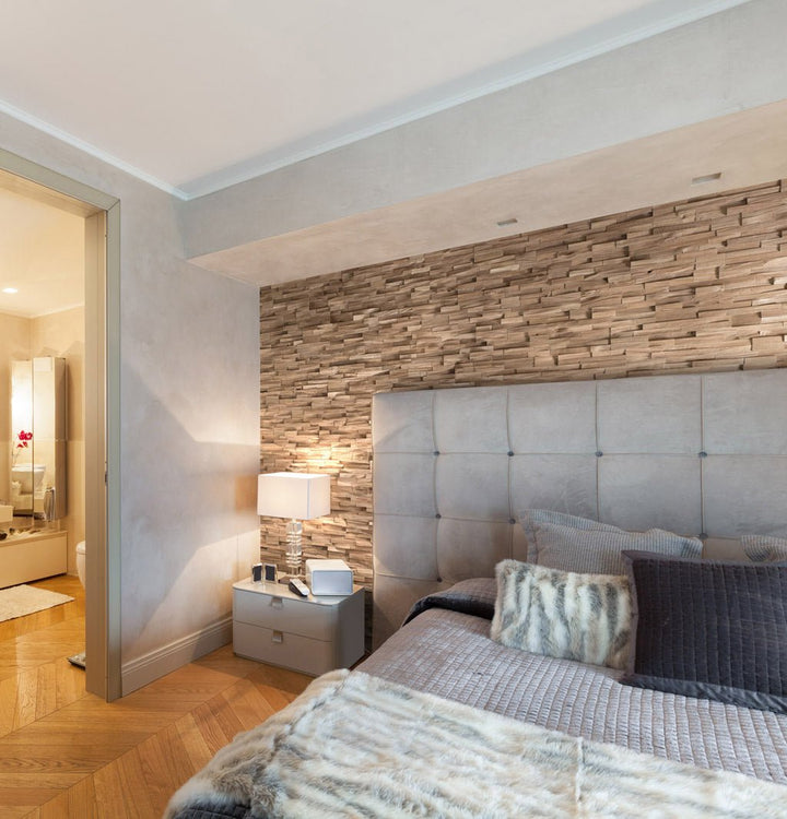 Stylish bedroom accentuated with Hiller Oak Wood Wall Panels for a natural look