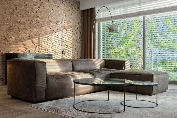 Close-up of Hiller Oak Wood Wall Panel used in a contemporary living room setting